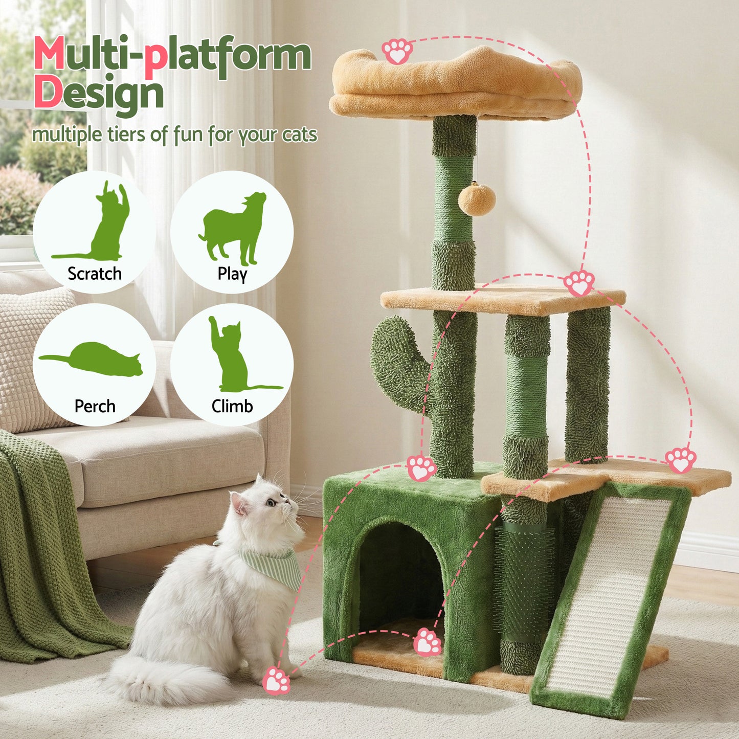 i.Pet Cat Tree Tower 101cm Scratching Post Furniture Scratcher House Green - view 4