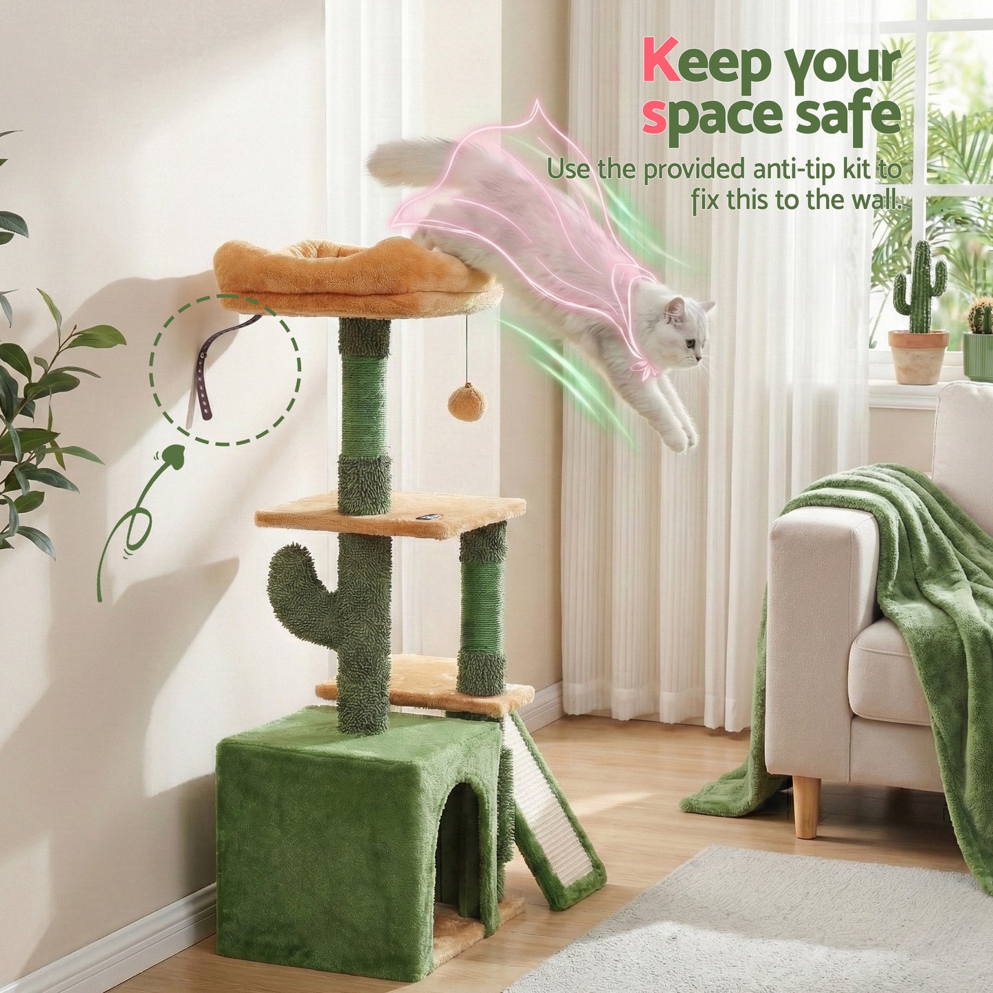i.Pet Cat Tree Tower 101cm Scratching Post Furniture Scratcher House Green - view 7