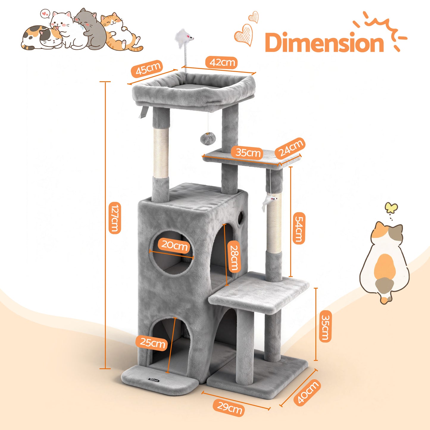 i.Pet Cat Tree Tower 127cm Scratching Post Furniture Scratcher House Light Grey - view 2