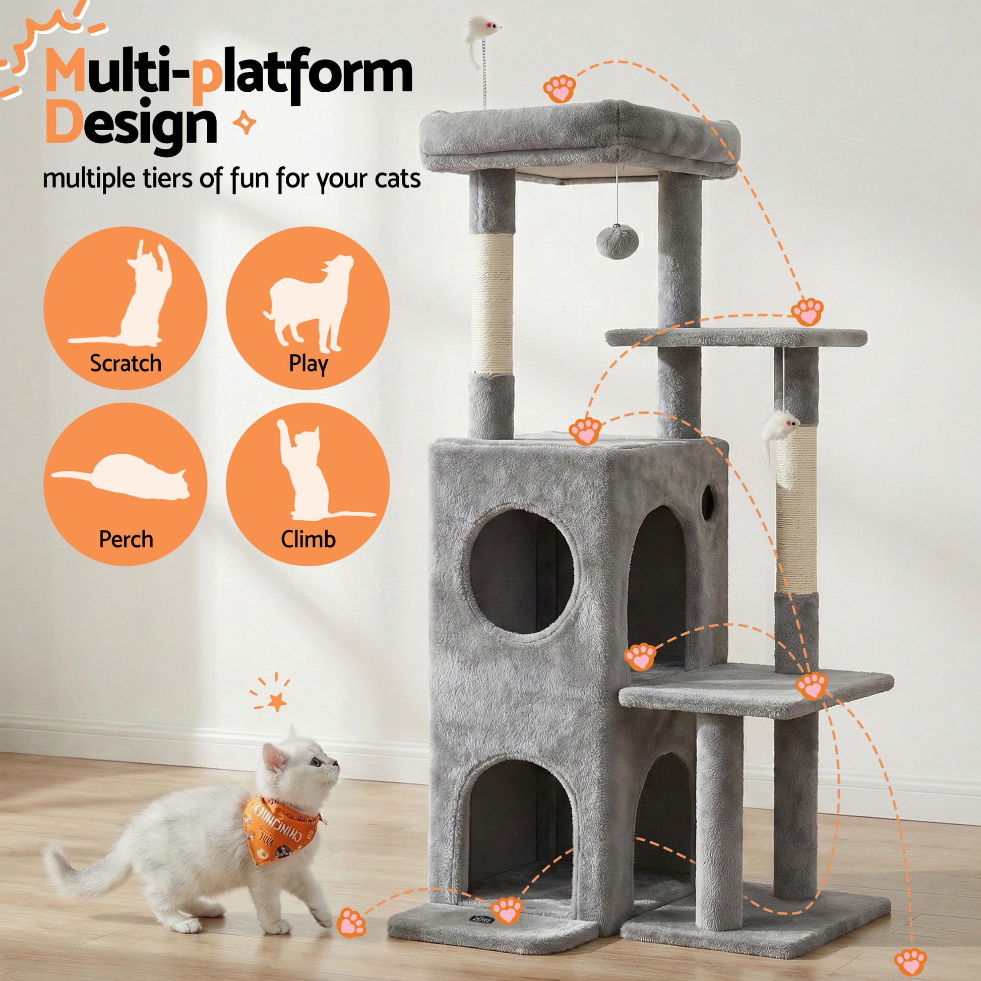 i.Pet Cat Tree Tower 127cm Scratching Post Furniture Scratcher House Light Grey - view 4