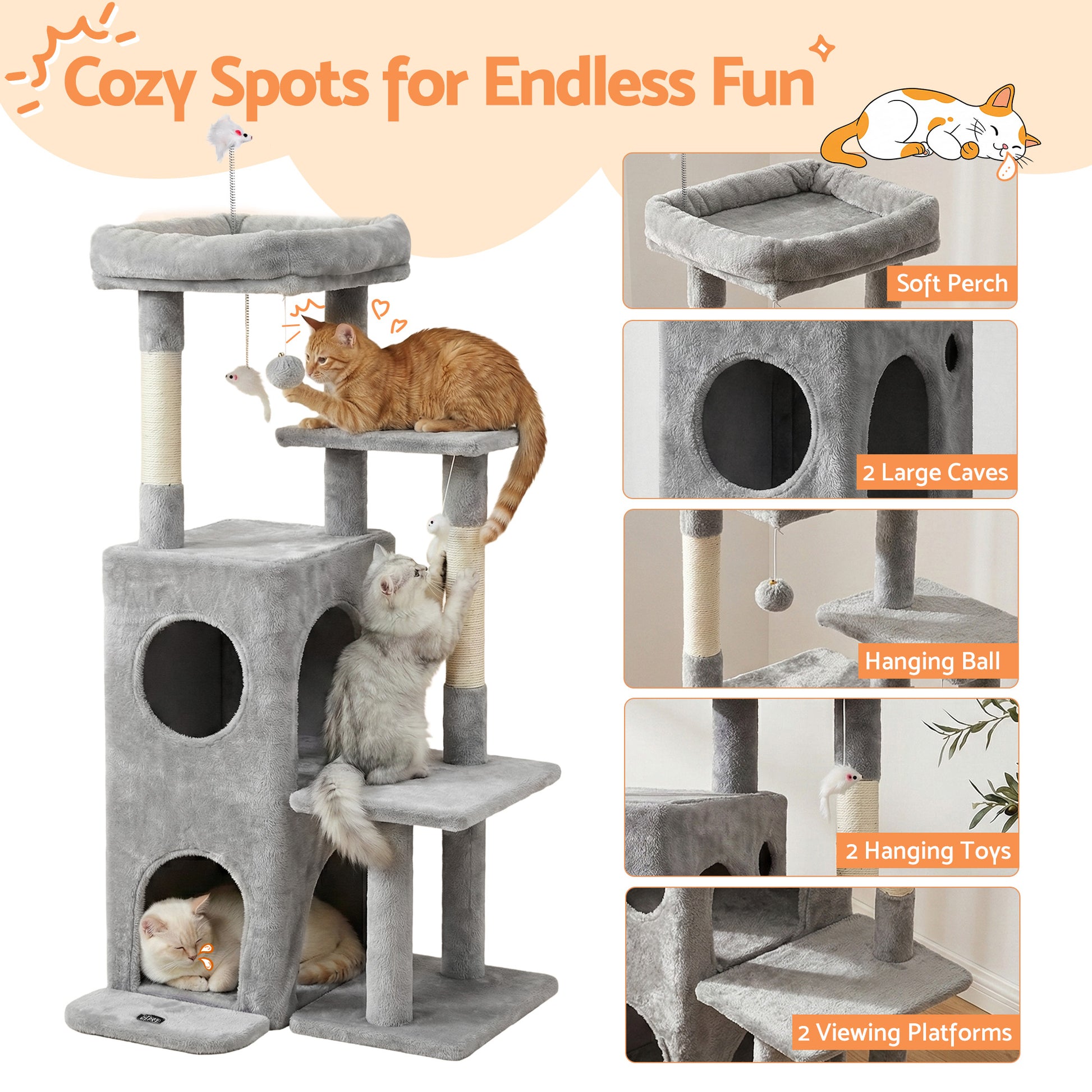 i.Pet Cat Tree Tower 127cm Scratching Post Furniture Scratcher House Light Grey - view 5