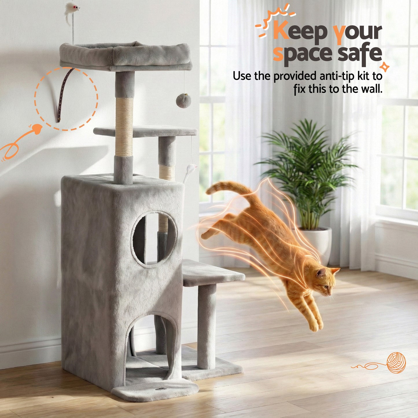 i.Pet Cat Tree Tower 127cm Scratching Post Furniture Scratcher House Light Grey - view 6