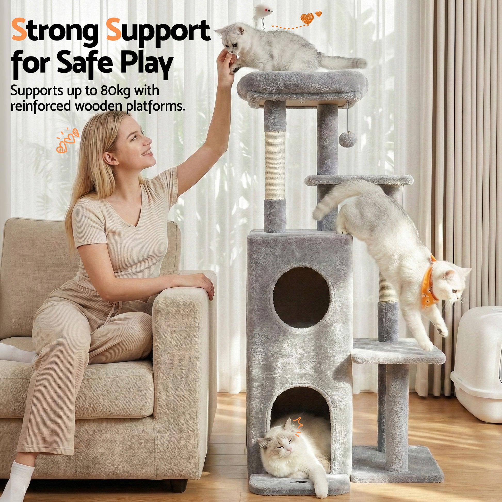i.Pet Cat Tree Tower 127cm Scratching Post Furniture Scratcher House Light Grey - view 8