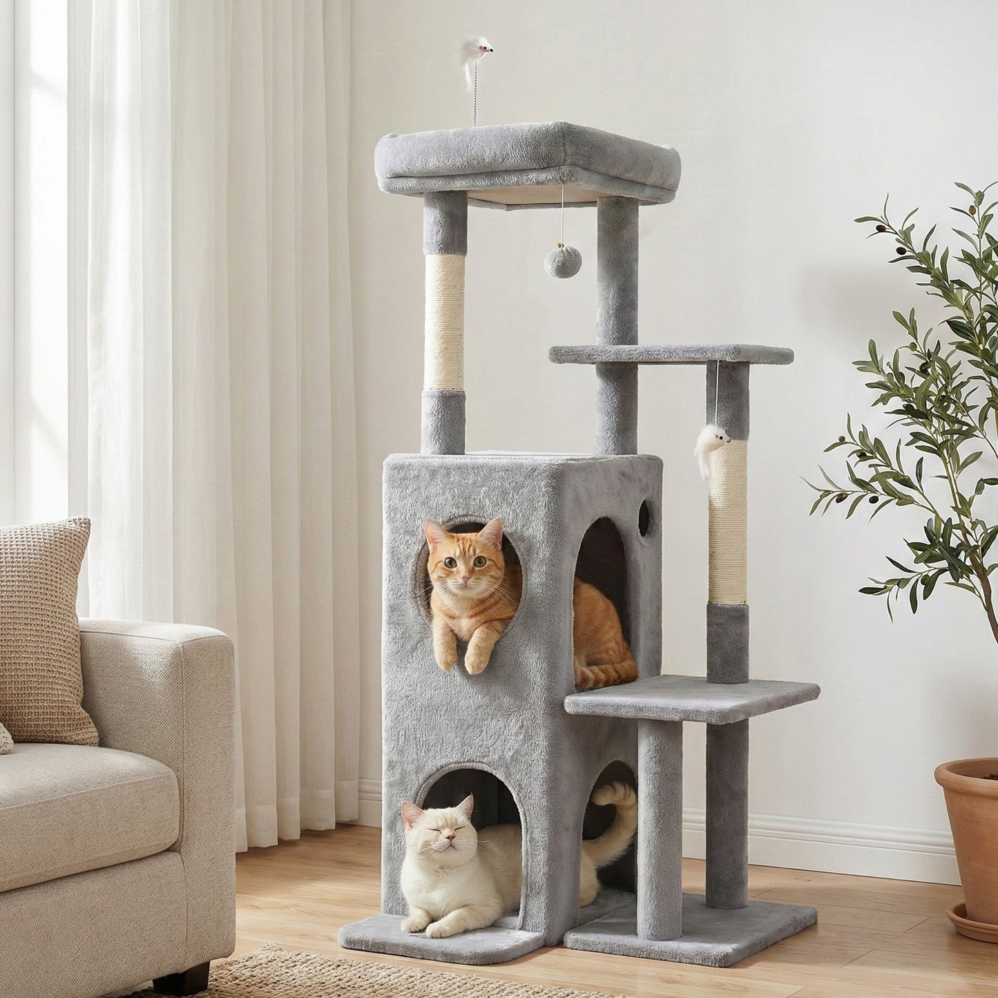 i.Pet Cat Tree Tower 127cm Scratching Post Furniture Scratcher House Light Grey - view 9