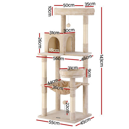 i.Pet Cat Tree 143cm Tower Scratching Post Trees Scratcher Condo House Beige - view 3