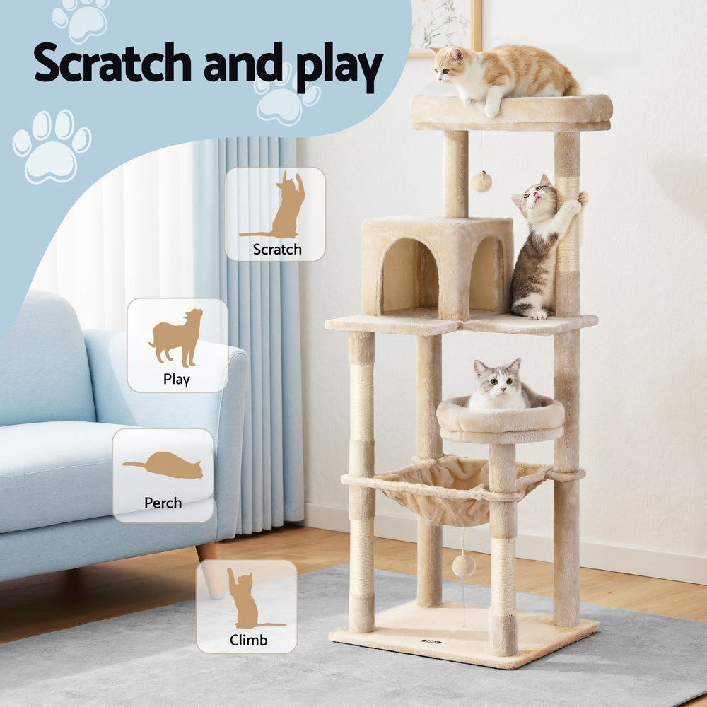i.Pet Cat Tree 143cm Tower Scratching Post Trees Scratcher Condo House Beige - view 4