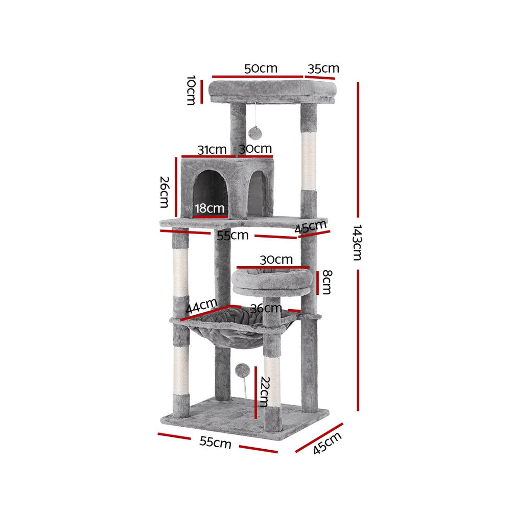 i.Pet Cat Tree Tower Scratching Post Scratcher 143cm Condo House Trees Grey - view 2
