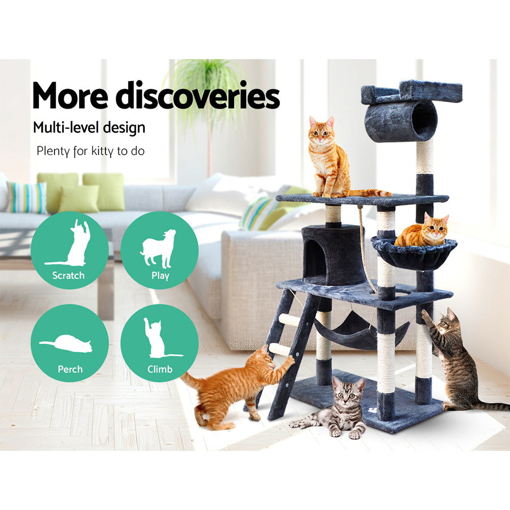 i.Pet Cat Tree 141cm Tower Scratching Post Scratcher Condo Wood House Bed Grey - view 3