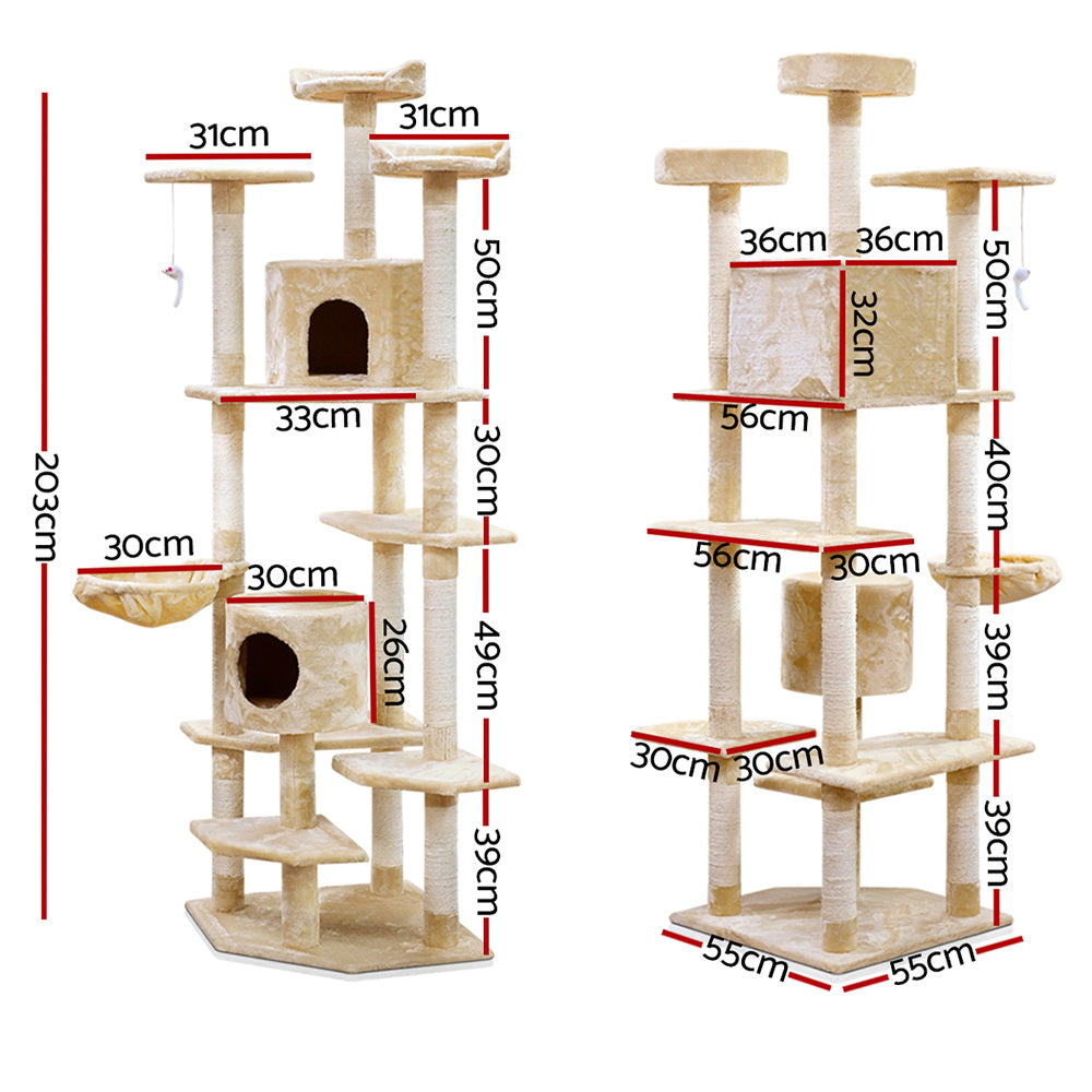 i.Pet Cat Tree 203cm Tower Scratching Post Scratcher Condo Trees House Bed Beige - view 2