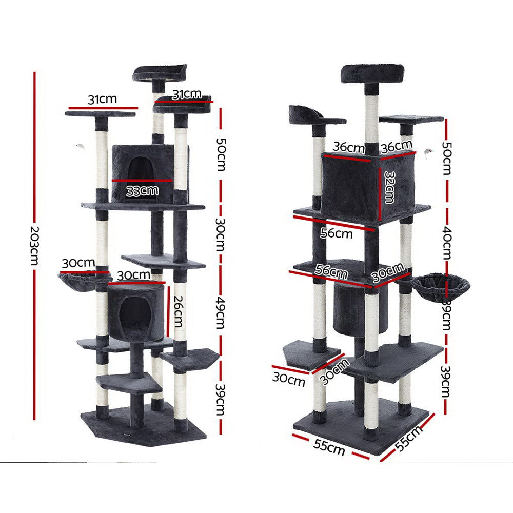 i.Pet Cat Tree 203cm Tower Scratching Post Scratcher Condo Trees House Bed Grey - view 2