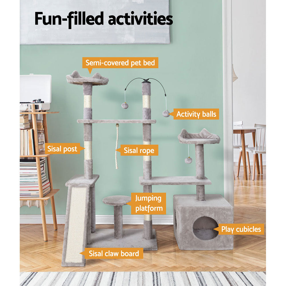 i.Pet Cat Tree 135cm Tower Scratching Post Scratcher Wood Condo House Toys Grey - view 4