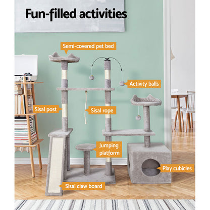 i.Pet Cat Tree 135cm Tower Scratching Post Scratcher Wood Condo House Toys Grey - view 4