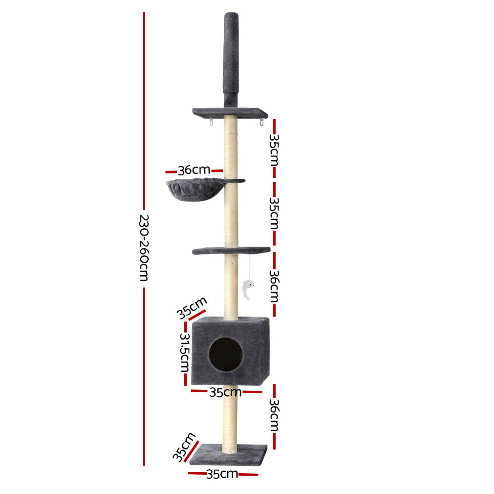 i.Pet Cat Tree 260cm Tower Scratching Post Scratcher Floor to Ceiling Cats Bed Dark Grey - view 2