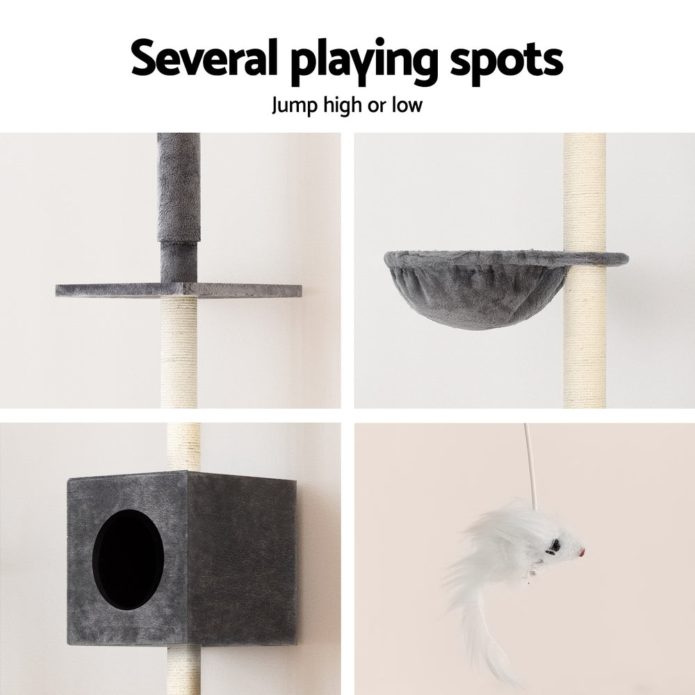 i.Pet Cat Tree 260cm Tower Scratching Post Scratcher Floor to Ceiling Cats Bed Dark Grey - view 6
