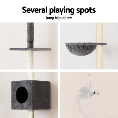 i.Pet Cat Tree 260cm Tower Scratching Post Scratcher Floor to Ceiling Cats Bed Dark Grey - view 6