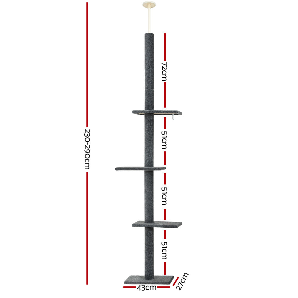i.Pet Cat Tree 290cm Tower Scratching Post Scratcher Floor to Ceiling Cats Bed Grey - view 2