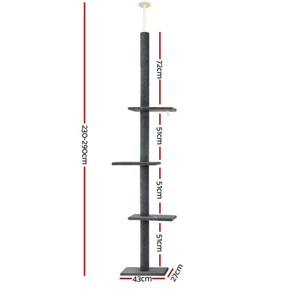 i.Pet Cat Tree 290cm Tower Scratching Post Scratcher Floor to Ceiling Cats Bed Grey - view 2