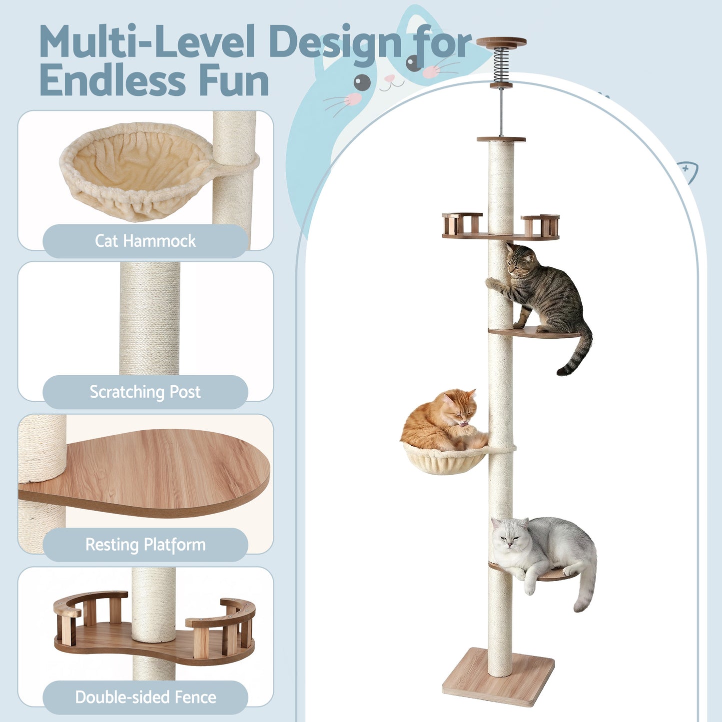 i.Pet Cat Tree Tower Floor to Ceiling Scratching Post 270cm Beige - view 6
