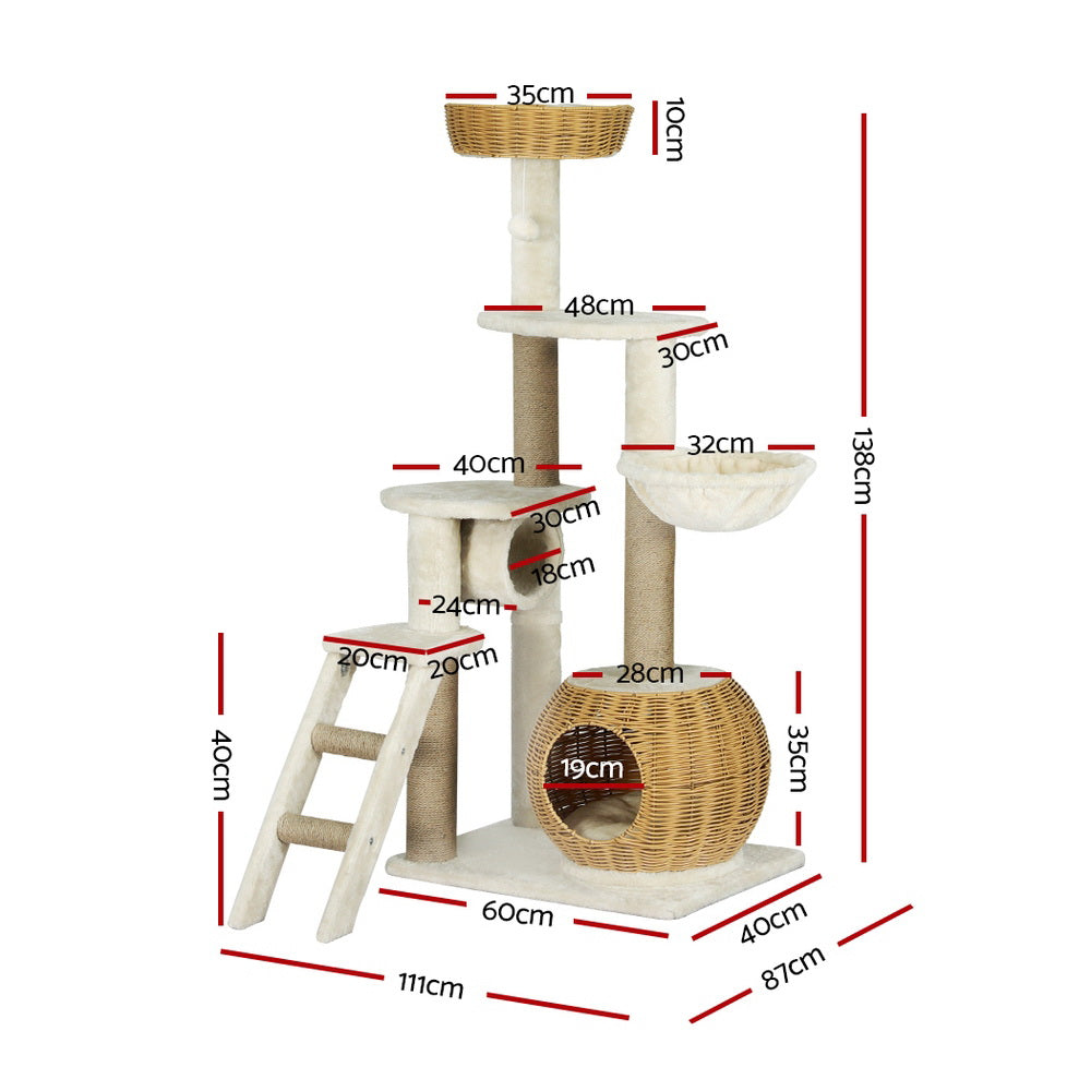 i.Pet Cat Tree 138cm Tower Scratching Post Scratcher Wood Bed Condo House Rattan Ladder - view 2