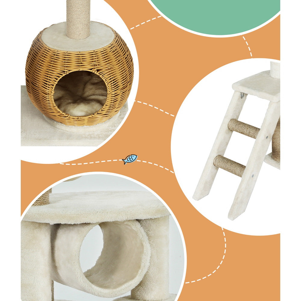 i.Pet Cat Tree 138cm Tower Scratching Post Scratcher Wood Bed Condo House Rattan Ladder - view 6