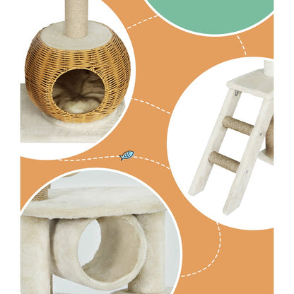 i.Pet Cat Tree 138cm Tower Scratching Post Scratcher Wood Bed Condo House Rattan Ladder - view 6