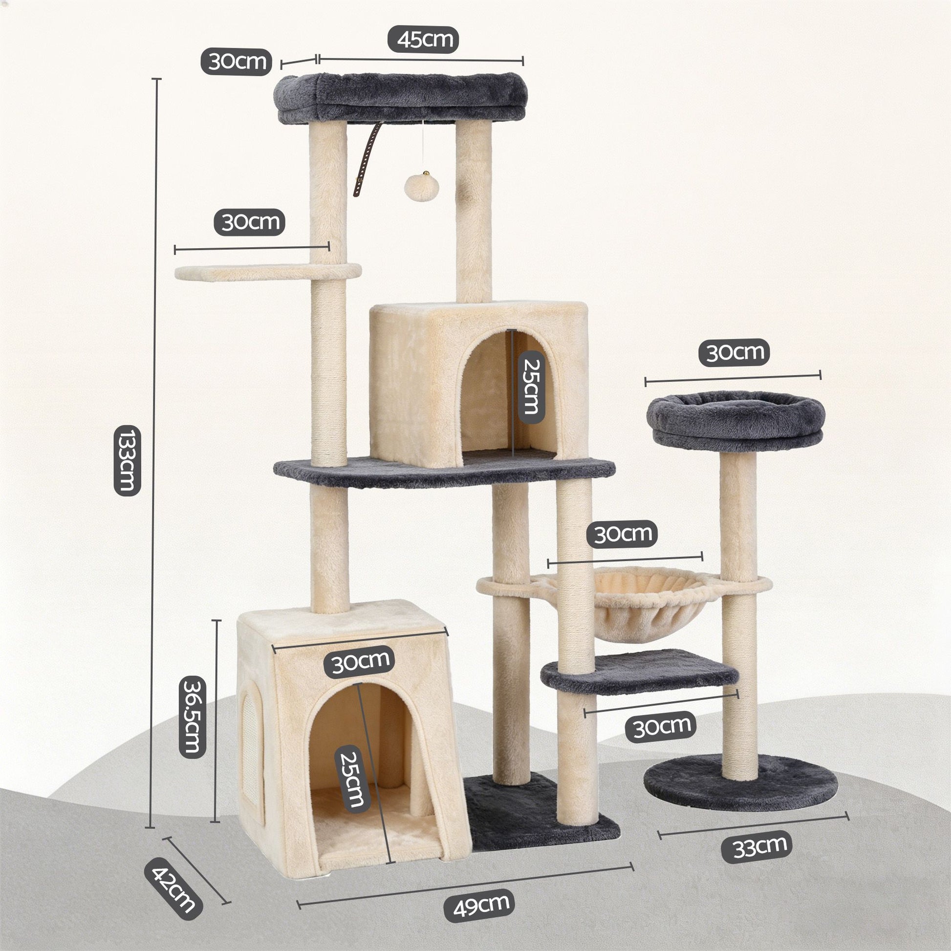 i.Pet Cat Tree Tower 133cm Rotatable L-Shape Design Scratching Post Furniture Scratcher House Grey & Beige - view 2