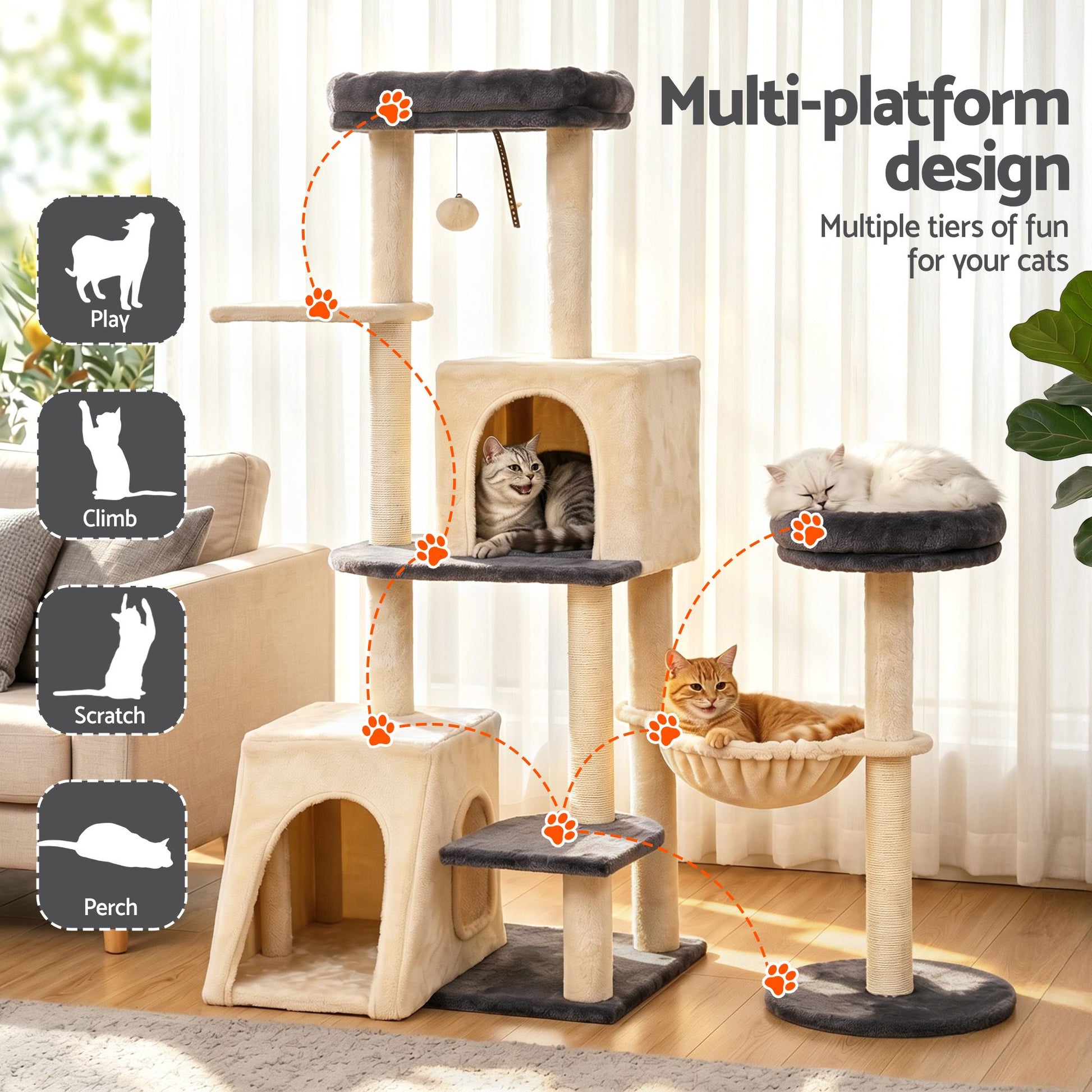 i.Pet Cat Tree Tower 133cm Rotatable L-Shape Design Scratching Post Furniture Scratcher House Grey & Beige - view 4