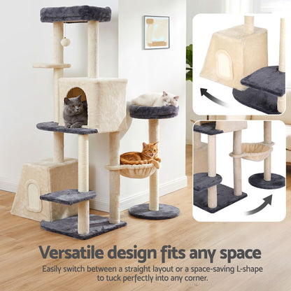 i.Pet Cat Tree Tower 133cm Rotatable L-Shape Design Scratching Post Furniture Scratcher House Grey & Beige - view 5