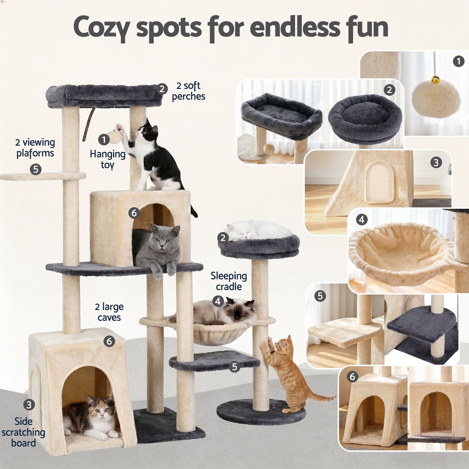 i.Pet Cat Tree Tower 133cm Rotatable L-Shape Design Scratching Post Furniture Scratcher House Grey & Beige - view 6
