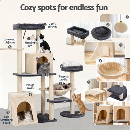 i.Pet Cat Tree Tower 133cm Rotatable L-Shape Design Scratching Post Furniture Scratcher House Grey & Beige - view 6