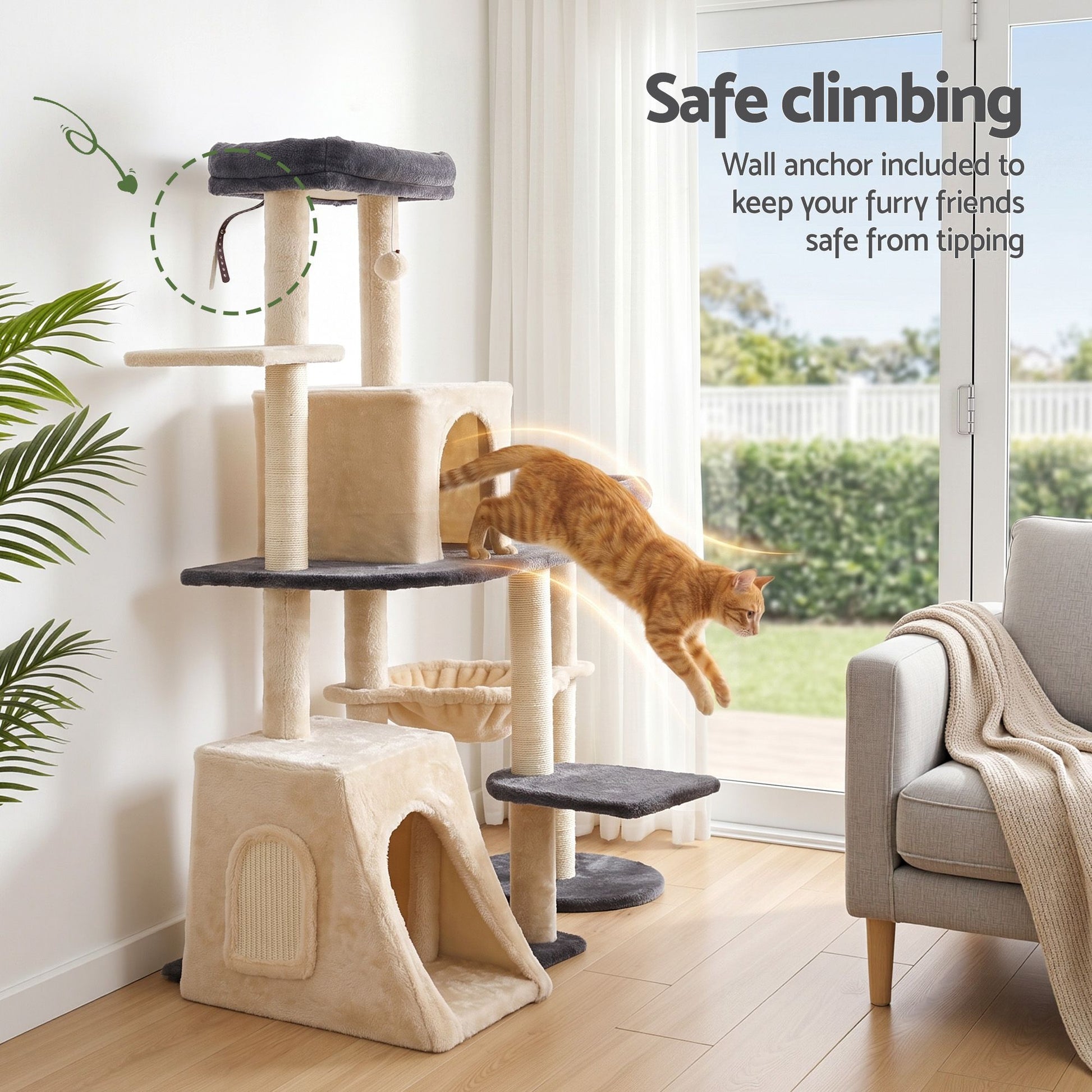 i.Pet Cat Tree Tower 133cm Rotatable L-Shape Design Scratching Post Furniture Scratcher House Grey & Beige - view 7