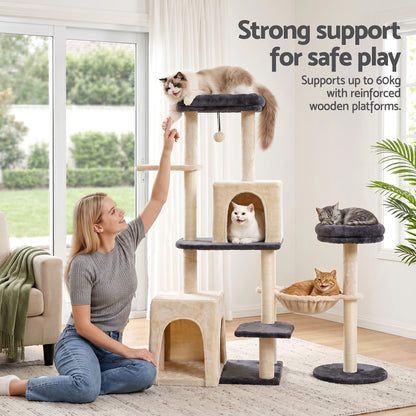 i.Pet Cat Tree Tower 133cm Rotatable L-Shape Design Scratching Post Furniture Scratcher House Grey & Beige - view 9