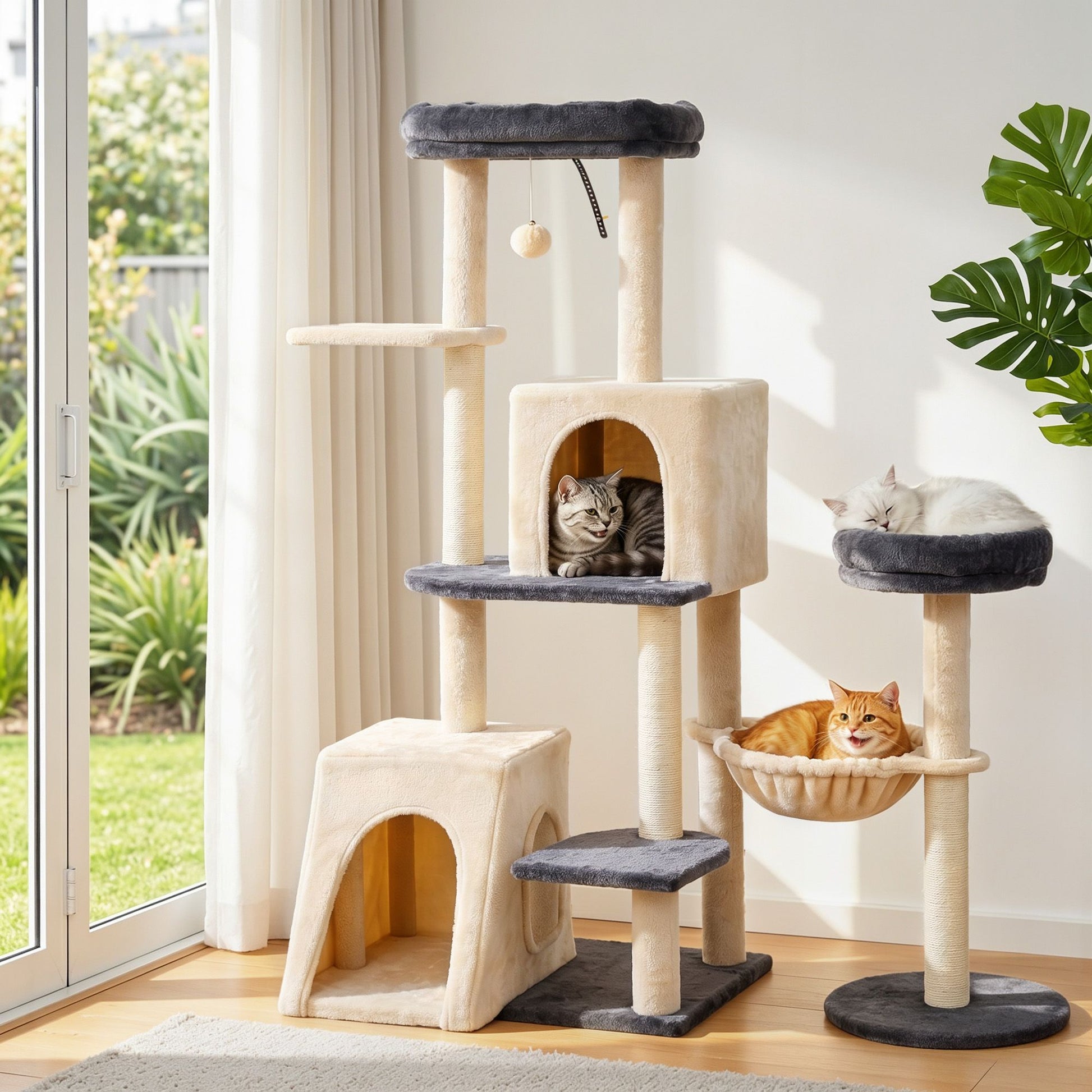 i.Pet Cat Tree Tower 133cm Rotatable L-Shape Design Scratching Post Furniture Scratcher House Grey & Beige - view 10