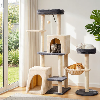 i.Pet Cat Tree Tower 133cm Rotatable L-Shape Design Scratching Post Furniture Scratcher House Grey & Beige - view 10