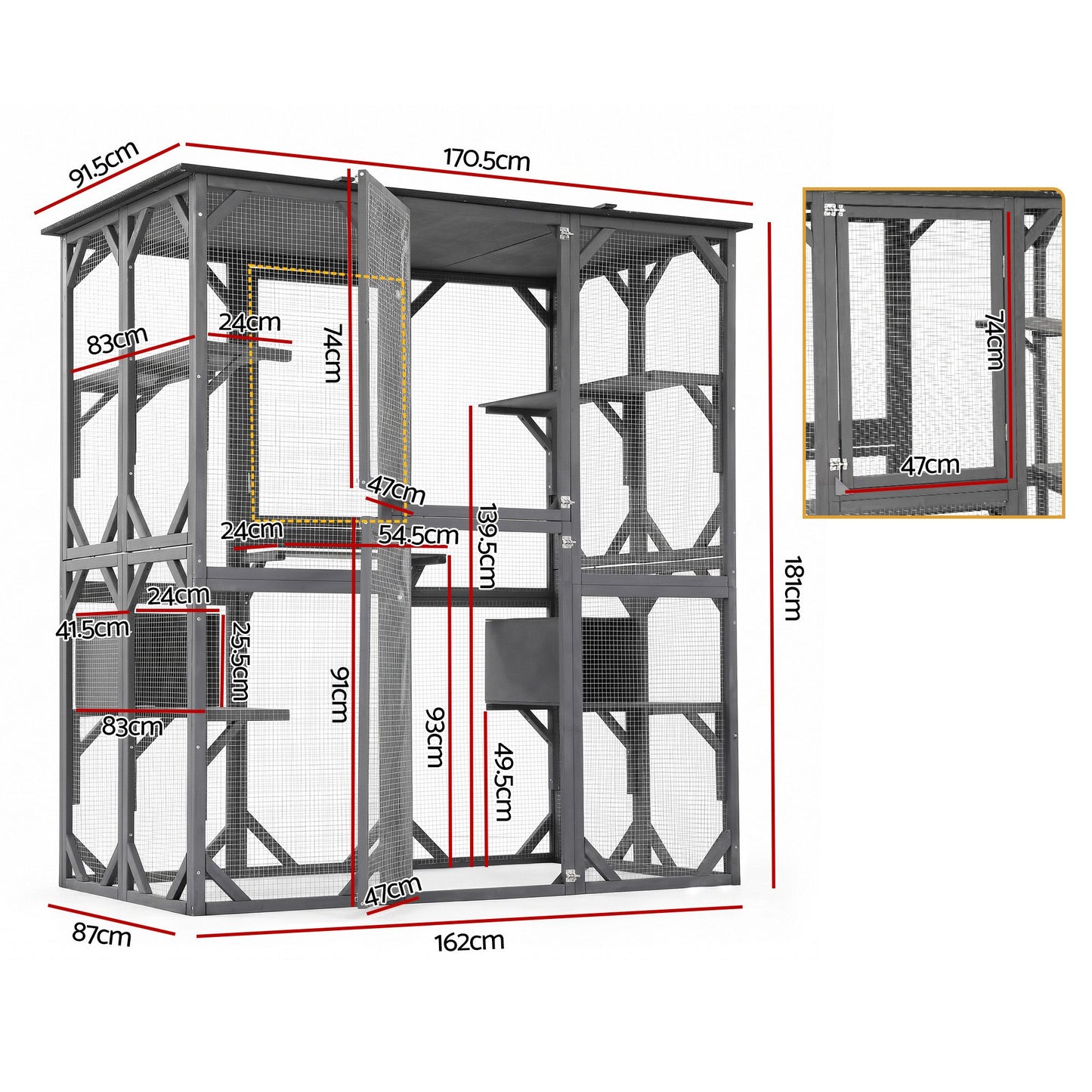 i.Pet Cat House 181cm Outdoor Catio Enclosure Walk-In Large Rabbit Hutch Grey - view 3