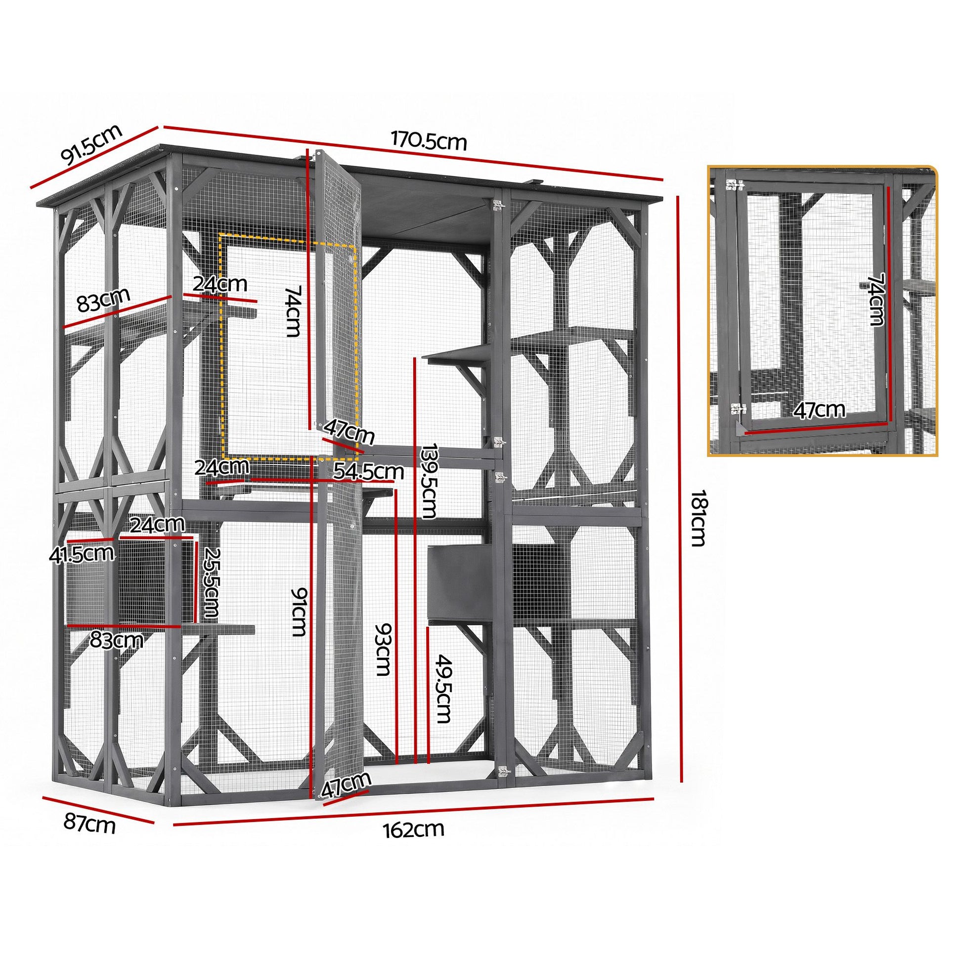 i.Pet Cat House 181cm Outdoor Catio Enclosure Walk-In Large Rabbit Hutch Grey - view 3
