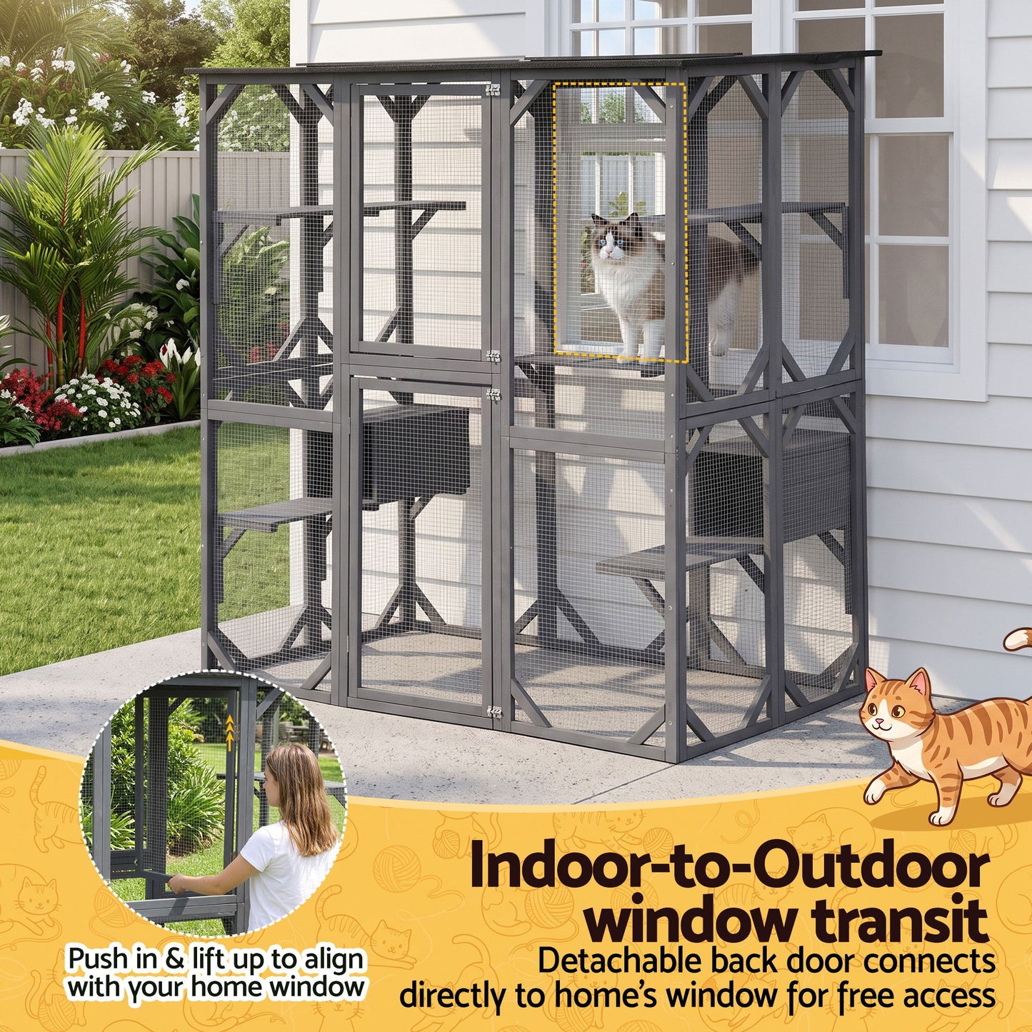 i.Pet Cat House 181cm Outdoor Catio Enclosure Walk-In Large Rabbit Hutch Grey - view 5