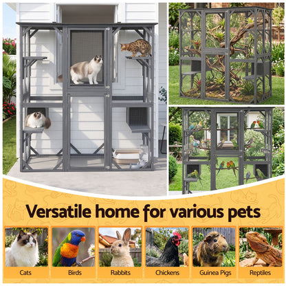 i.Pet Cat House 181cm Outdoor Catio Enclosure Walk-In Large Rabbit Hutch Grey - view 9