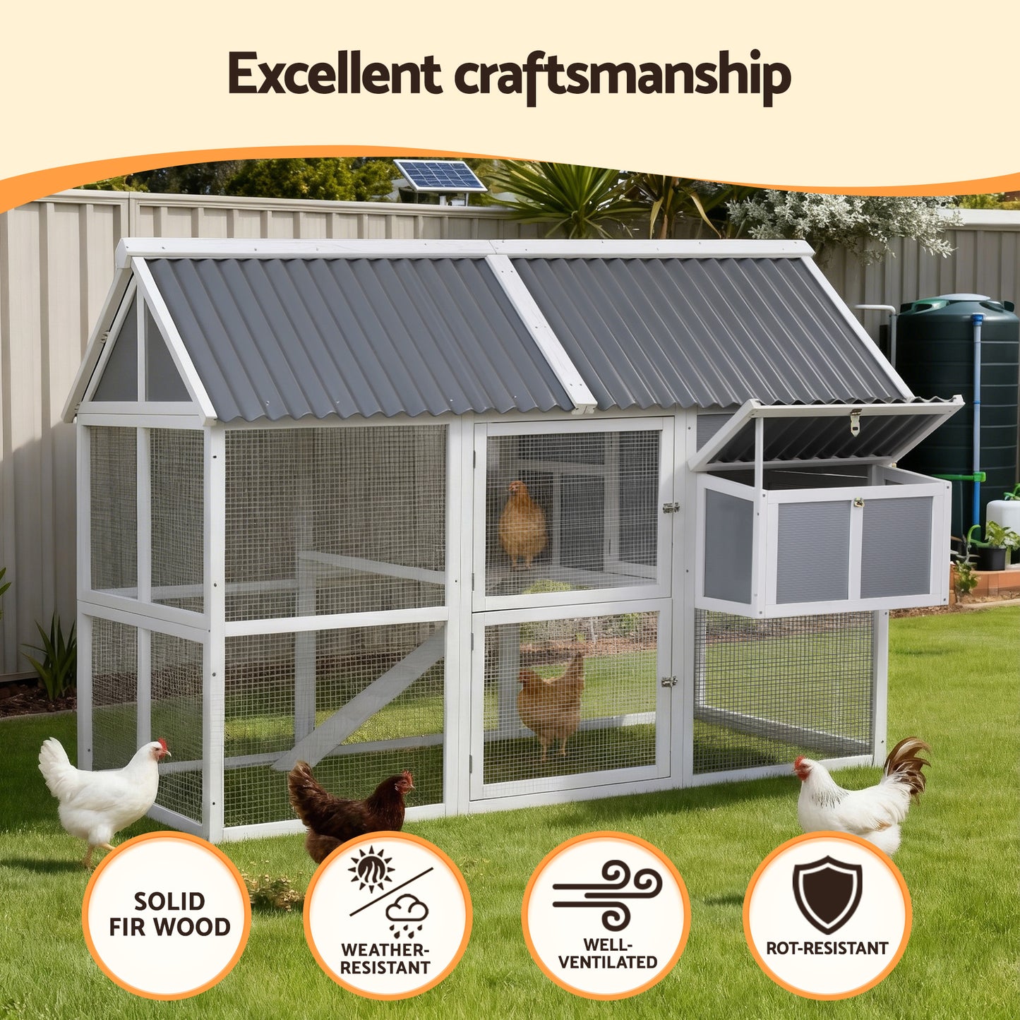 i.Pet Chicken Coop Large Outdoor Rabbit Hutch Chook House Hatch Box With Run Grey White - view 4
