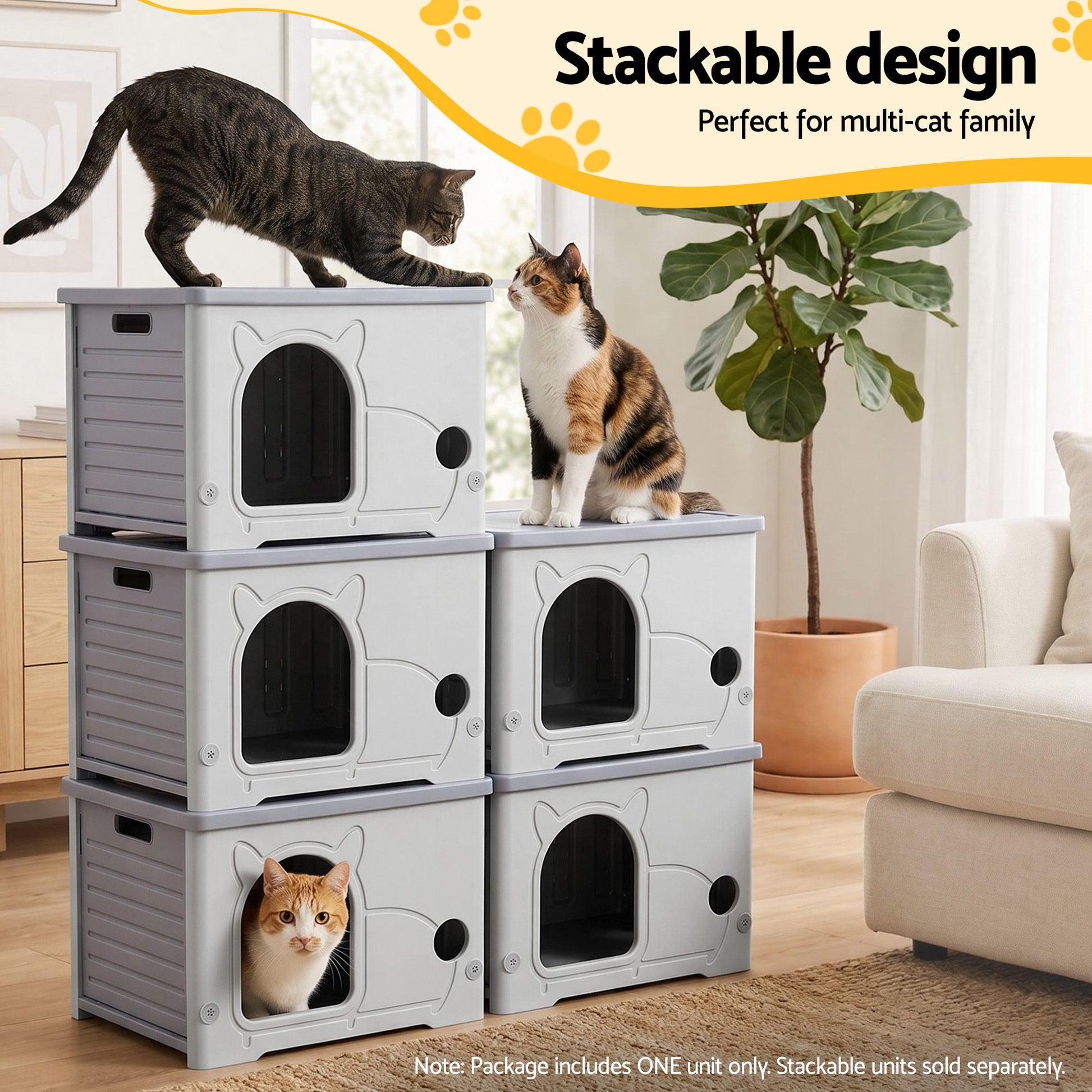 i.Pet Cat House Enclosed Shelter Plastic Nest Stackable Bench Box Outdoor Indoor Grey - view 5