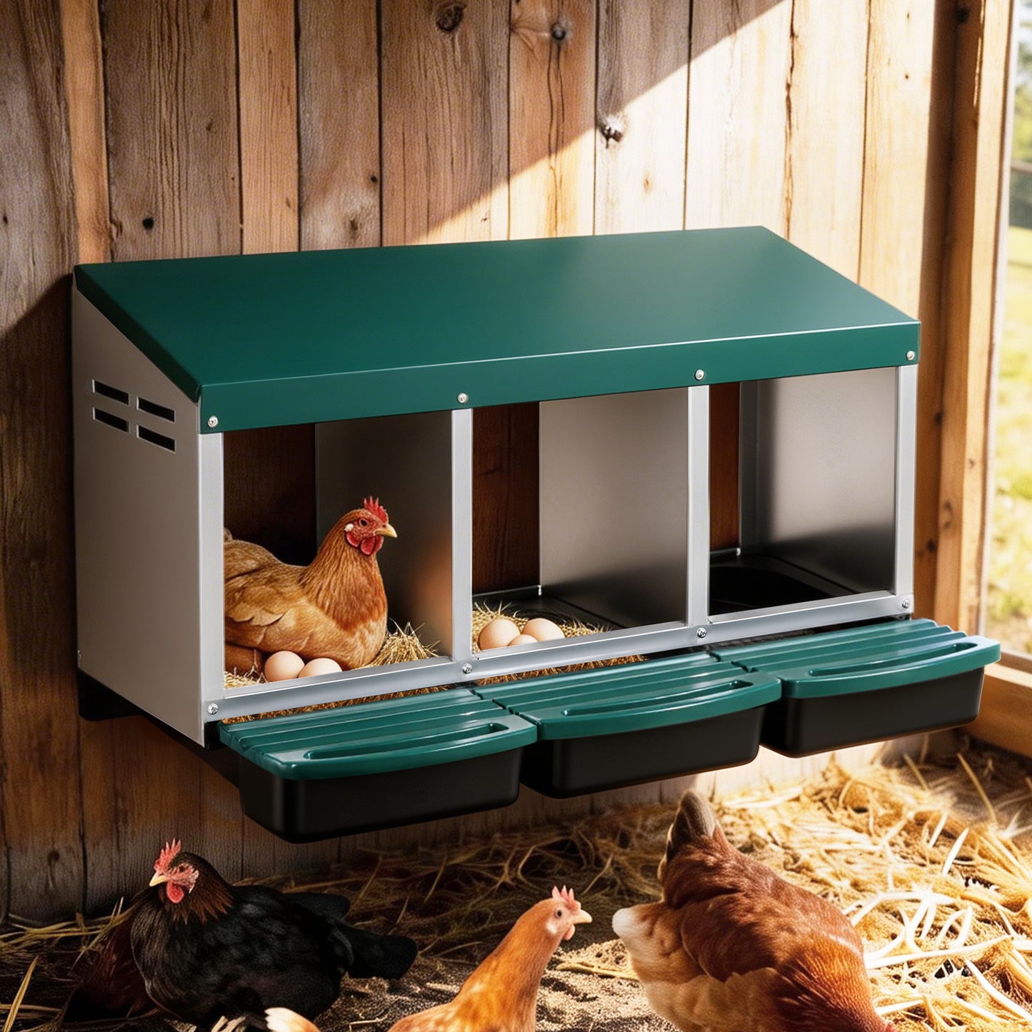 i.Pet Chicken Nesting Box Roll Away 3 Holes Metal Wall Mounted Nest Box Green - view 8