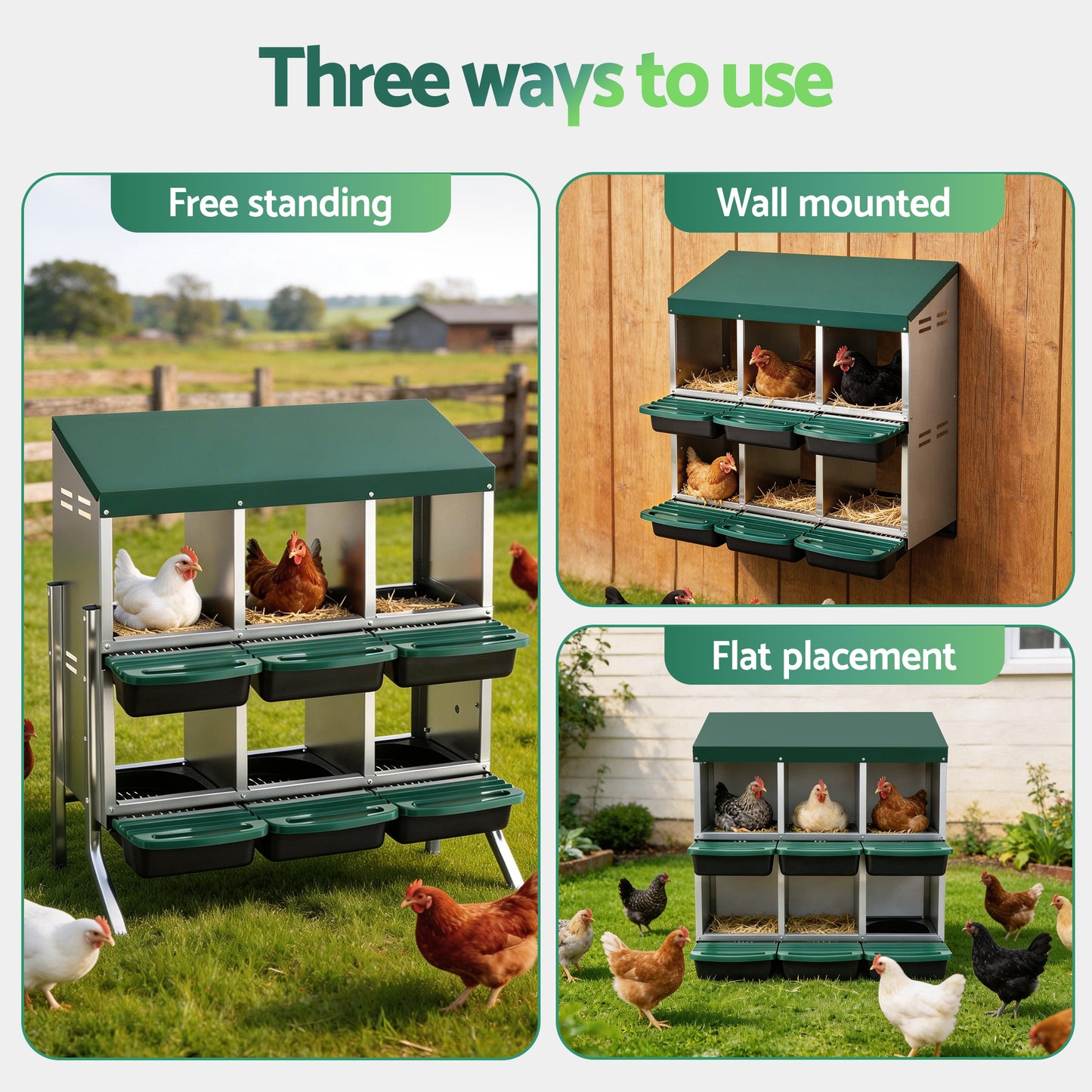 i.Pet Chicken Nesting Box Roll Away Metal Nesting Box Wall Mounted 6 Holes Green - view 4