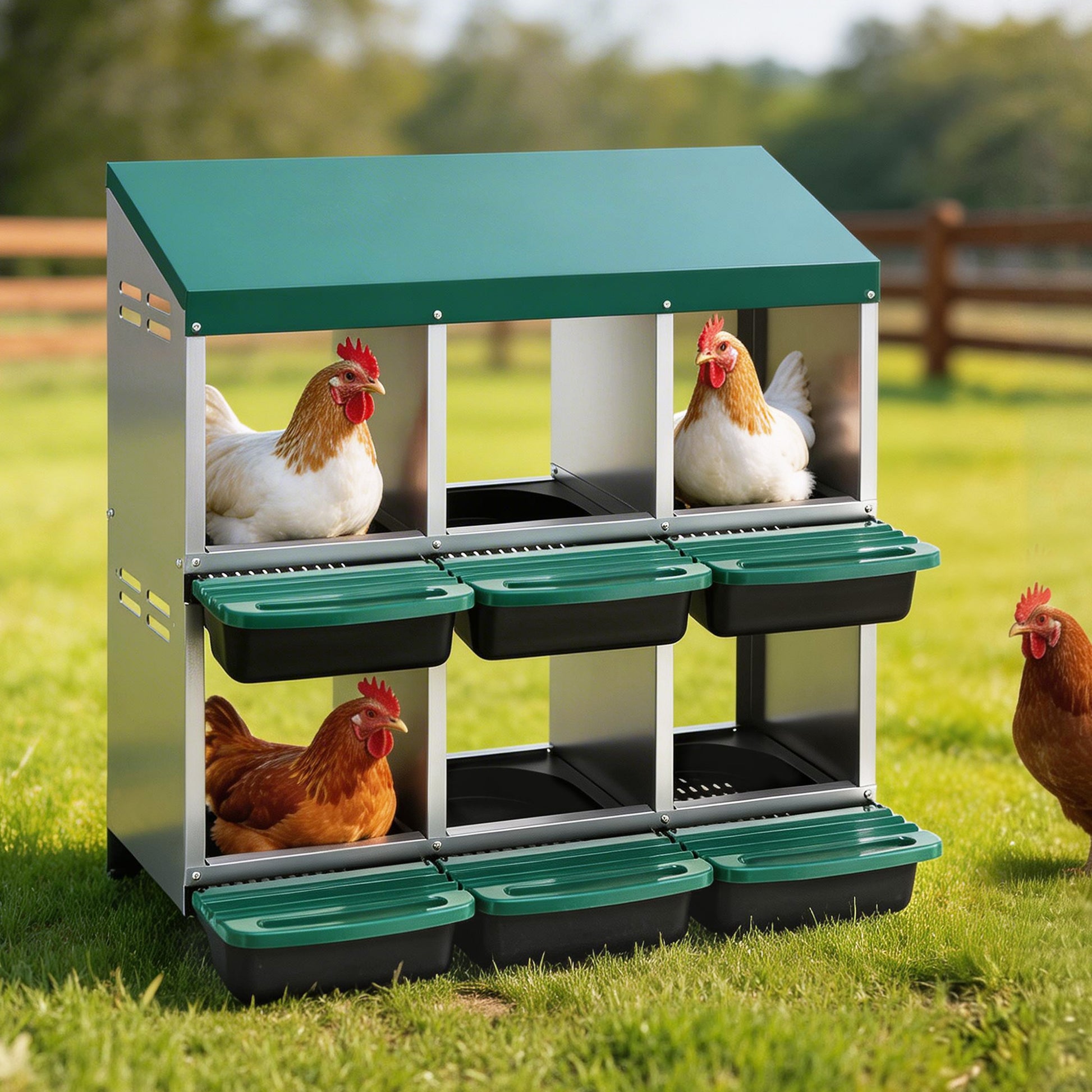 i.Pet Chicken Nesting Box Roll Away Metal Nesting Box Wall Mounted 6 Holes Green - view 8