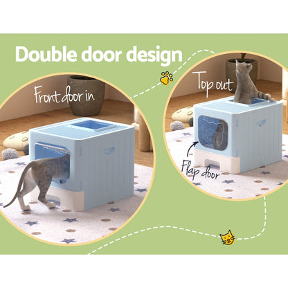 i.Pet Cat Litter Box Large Tray Kitty Toilet Enclosed Hooded Foldable Cat Litter Box Scoop Blue - view 4