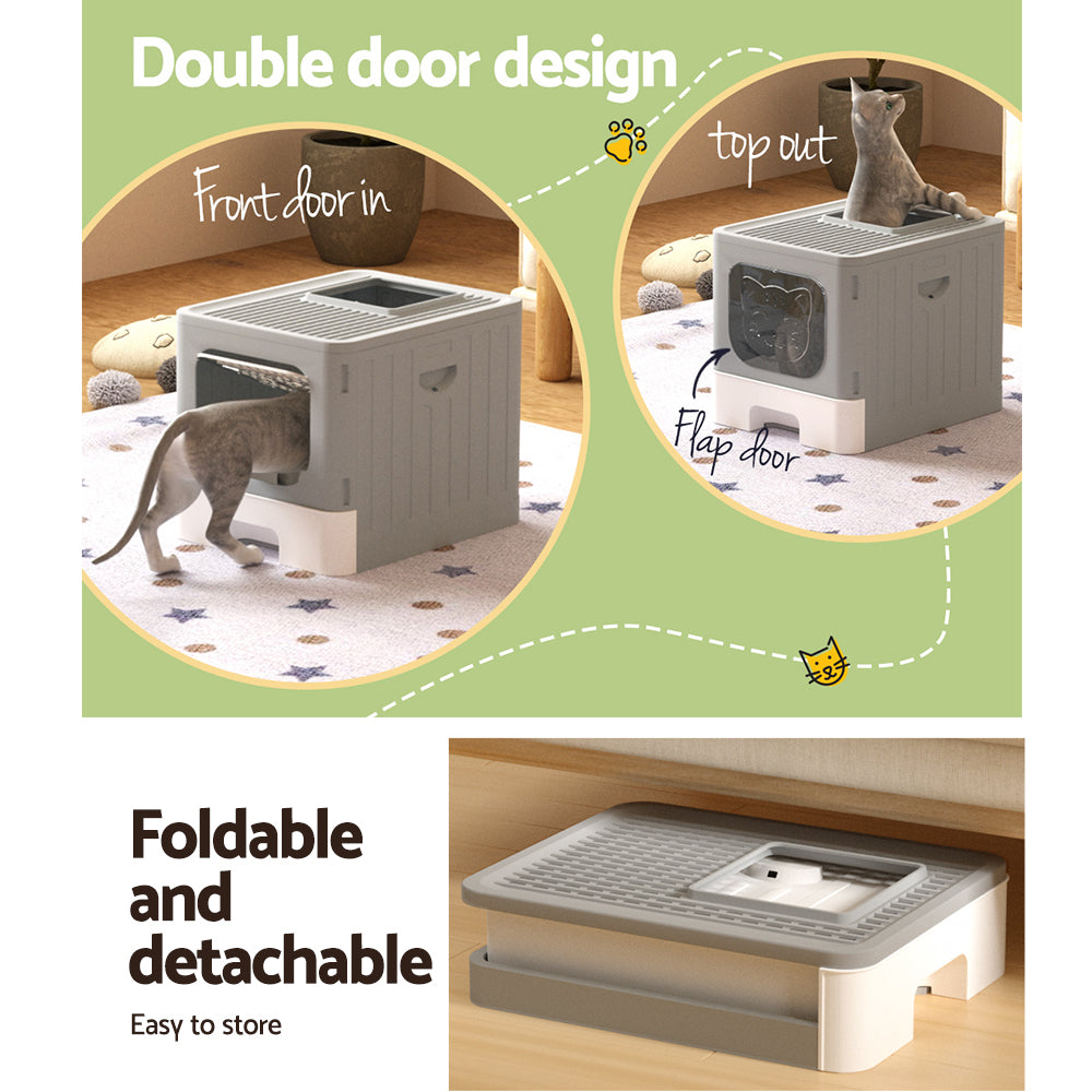 i.Pet Cat Litter Box Large Tray Kitty Toilet Enclosed Hooded Foldable Cat Litter Box Scoop Grey - view 4