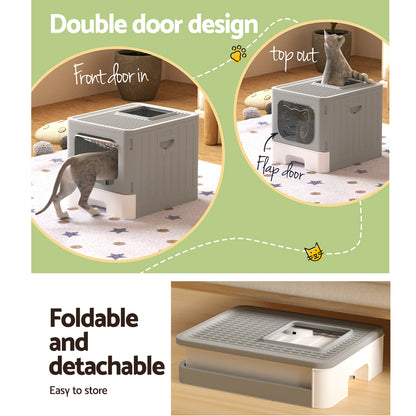 i.Pet Cat Litter Box Large Tray Kitty Toilet Enclosed Hooded Foldable Cat Litter Box Scoop Grey - view 4
