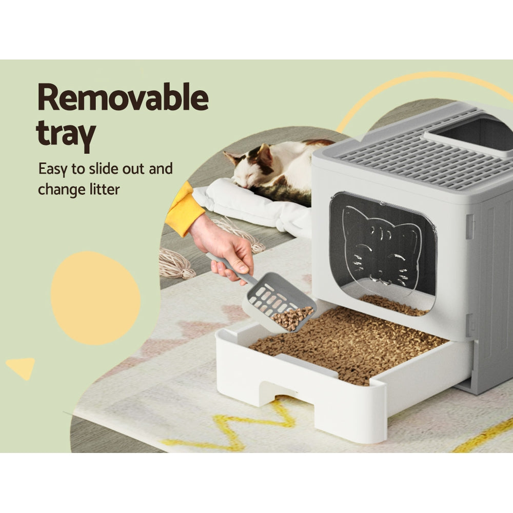 i.Pet Cat Litter Box Large Tray Kitty Toilet Enclosed Hooded Foldable Cat Litter Box Scoop Grey - view 5