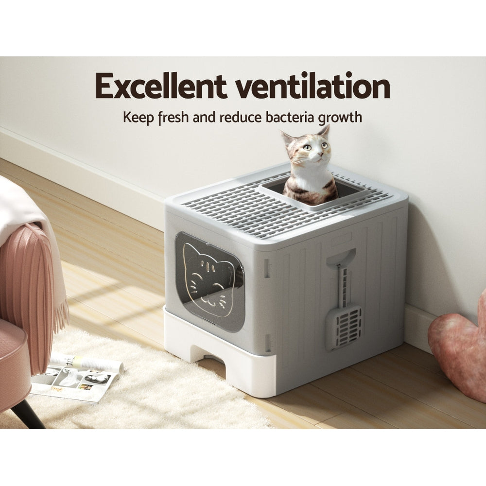 i.Pet Cat Litter Box Large Tray Kitty Toilet Enclosed Hooded Foldable Cat Litter Box Scoop Grey - view 6