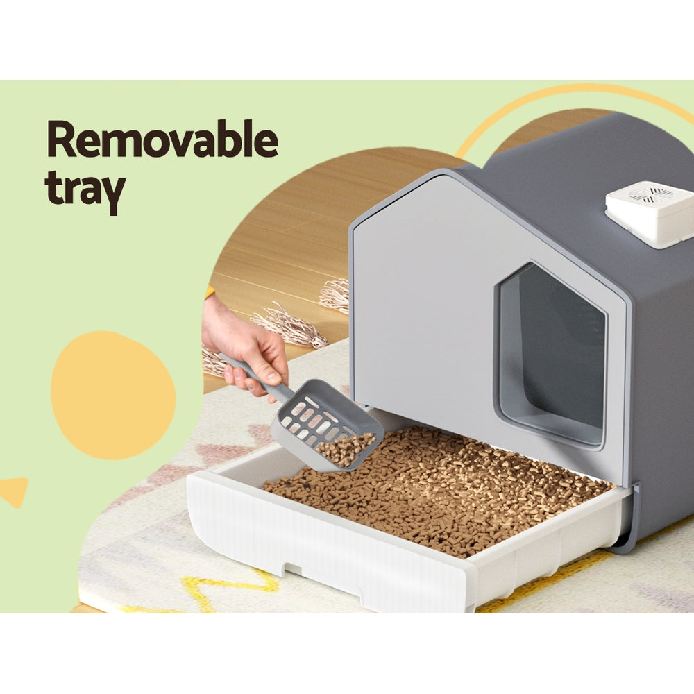 i.Pet Cat Litter Box Large Tray Kitty Toilet Enclosed Cat Litter Box Hooded Scoop Mat Grey - view 5