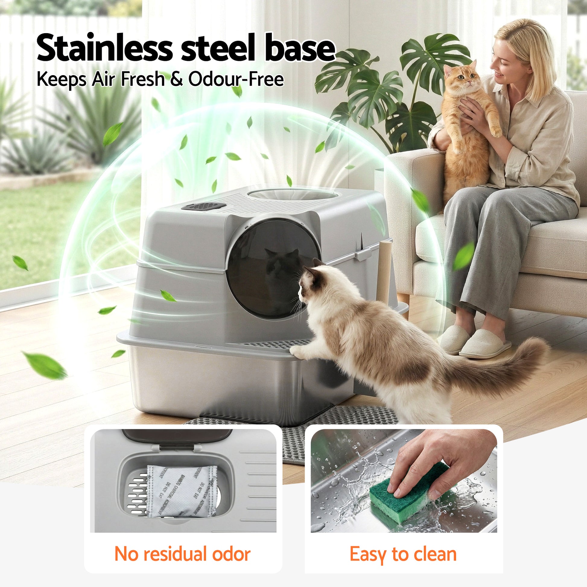 i.Pet Cat Litter Box Large Stainless Steel High Sided Pet Toilet Odour Control - view 4